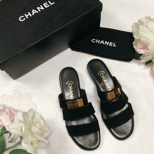 NEW CHANEL Black Suede Gold Logo Slides Sandals
